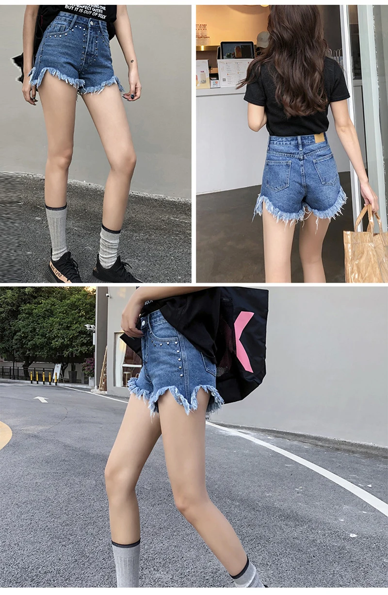 Летние новые женские короткие рваные джинсы с дырами и заклепками модные джинсовые шорты с широкими штанинами Необычные уличные черные синие потертые
