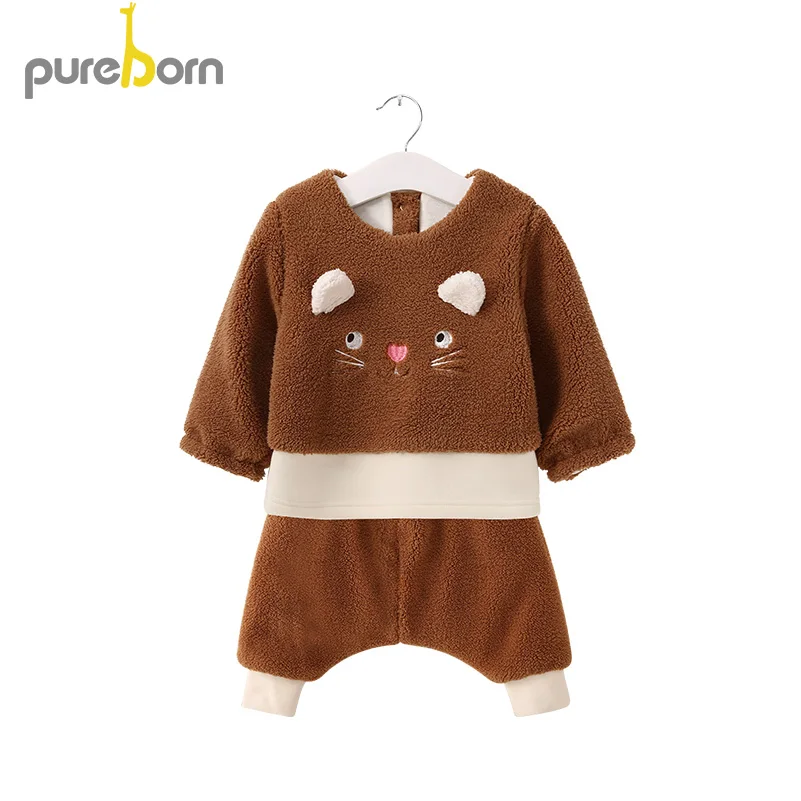 Pureborn/2 предмета; Детские флисовые Топы+ брюки; комплект одежды для маленьких мальчиков; Одежда для девочек с рисунком кота; теплая детская одежда; сезон осень-зима