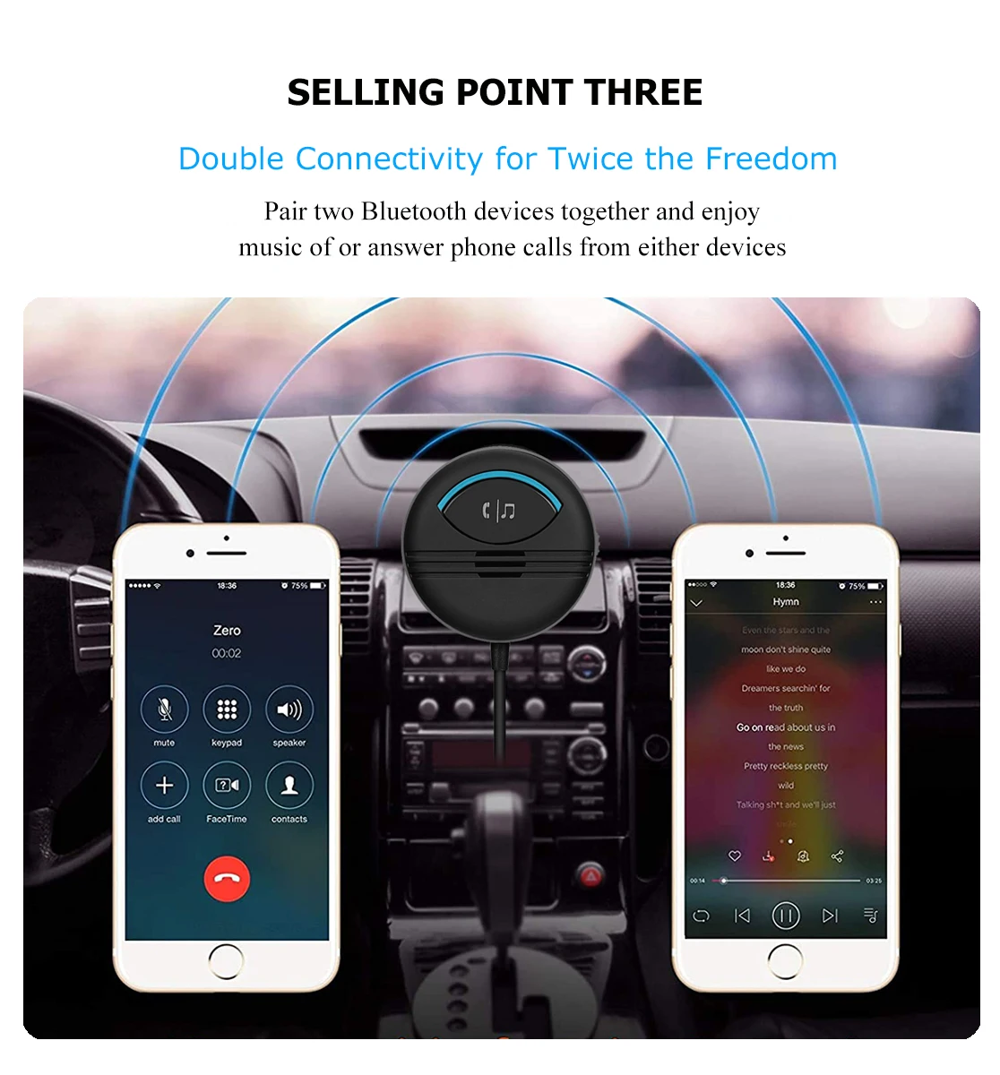 Kript Bluetooth 5.0 Car Kit Handsfree Receiver Can Connect Two Mobile