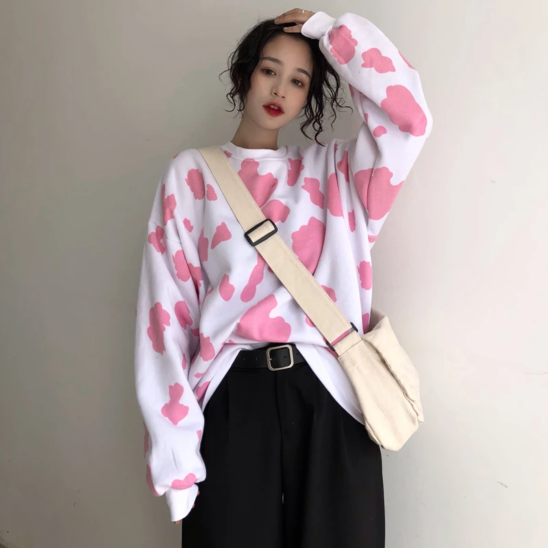 Осенние толстовки женские корейские Harajuku милые коровы свободные пуловеры с длинным рукавом одежда оверсайз с круглым вырезом уличная одежда W177