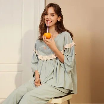 

Brand New Sweet Cotton Pajamas Sets For Women Student Girl Ruffle Stitching Loose Pullover Top And Long Pants Two Piece Homewear