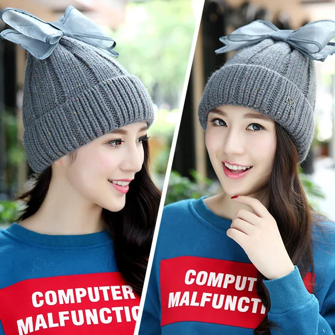 

2019 New Autumn Winter Solid Color Big Bowknot Crochet Knitted Hat Caps Women Wool Thick Warm Skullies Beanies Hats Wholesale