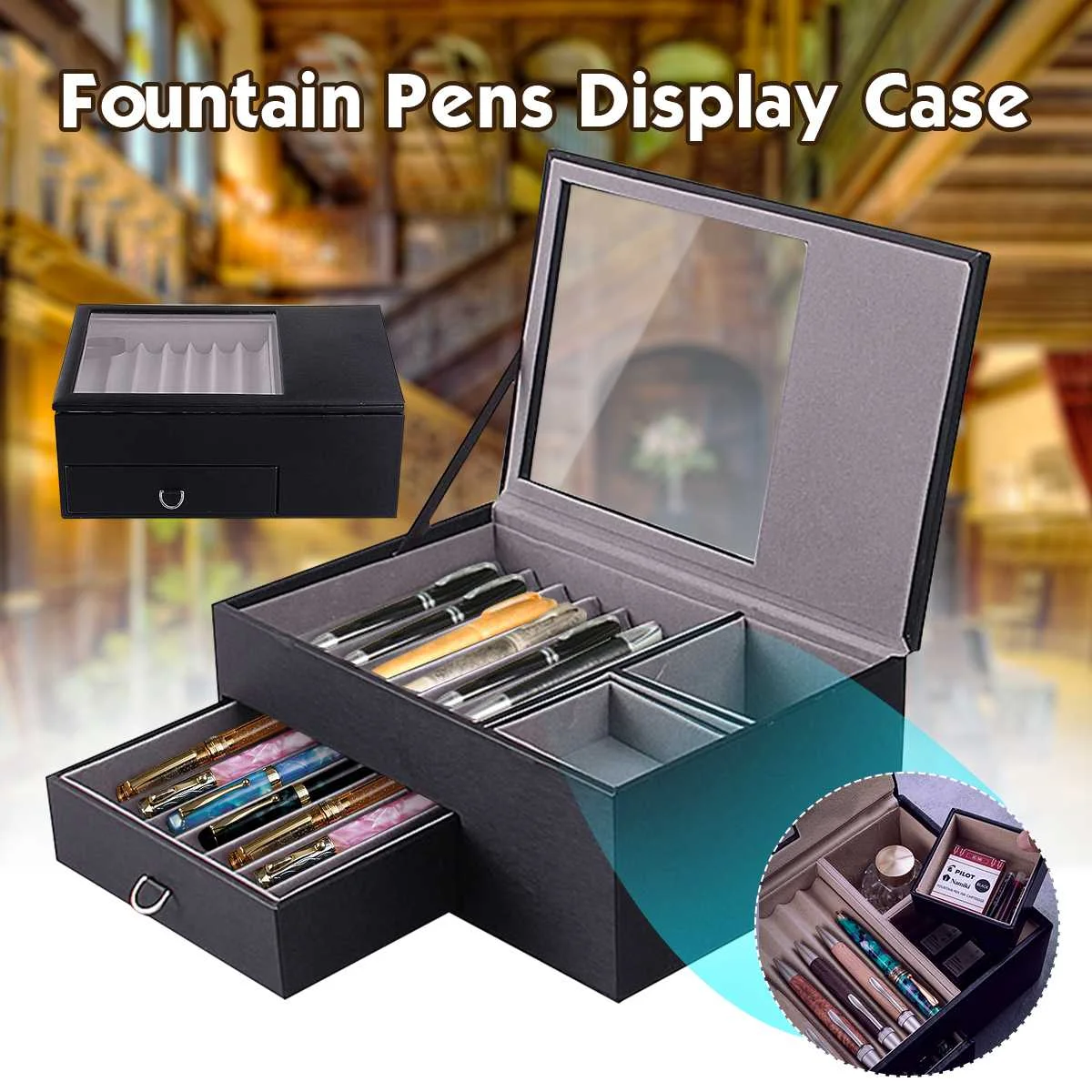 

14 Pens Box with Inkwell Holder 2 Layer Pen Case Large capacity PU Leather Box Fountain Pen Pencil Case Display Desktop Storage