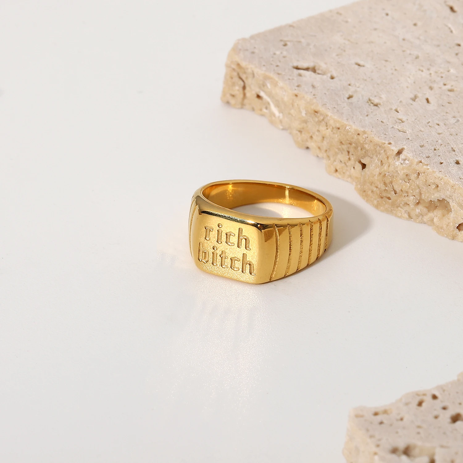 18k Gold Plated 316L Stainless Steel Rectangle Word Rich Bitch Lettered Rings For Women High Quality Waterproof Rings Jewelry
