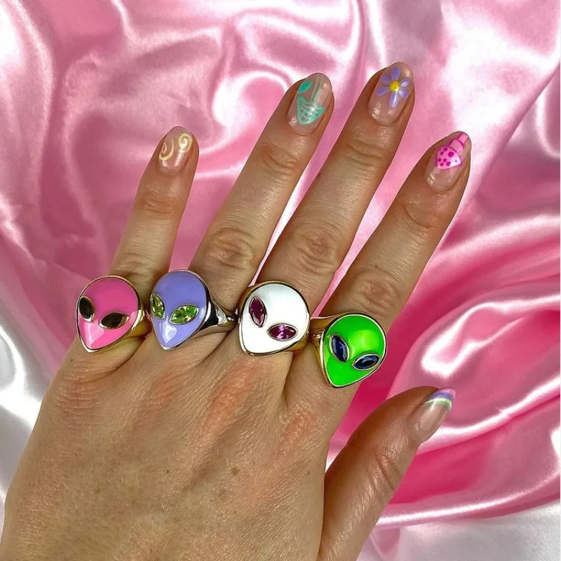 Enamel Alien rings for women teenage egirls red green white purple statement funny fancy rings creative y2k jewelry 2021 3