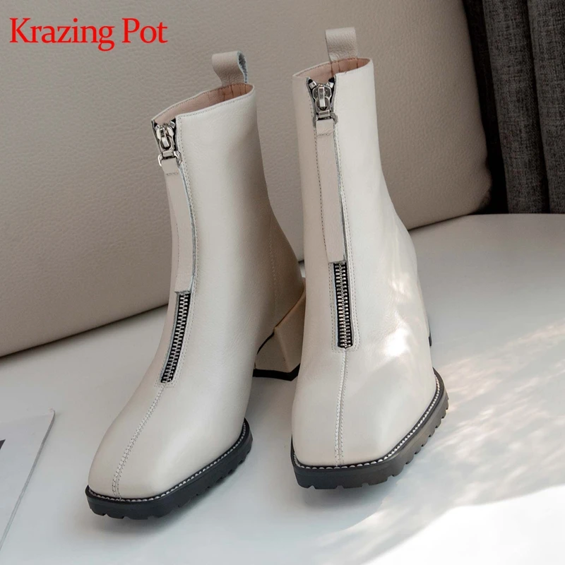 Ceny Krazing pot prawdziwej skóry kwadratowych toe streetwear med obcasy zima utrzymać ciepłe z przodu na zamek błyskawiczny wysokiej mody Chelsea botki l23