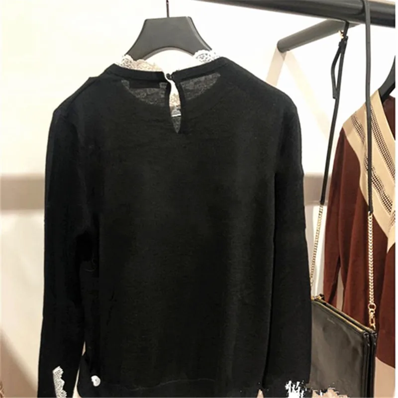 Lace Collar Black Knitwear Women Long Sleeve Tops Autumn Sweet Lady Woolen Knitted Pullover Sweater