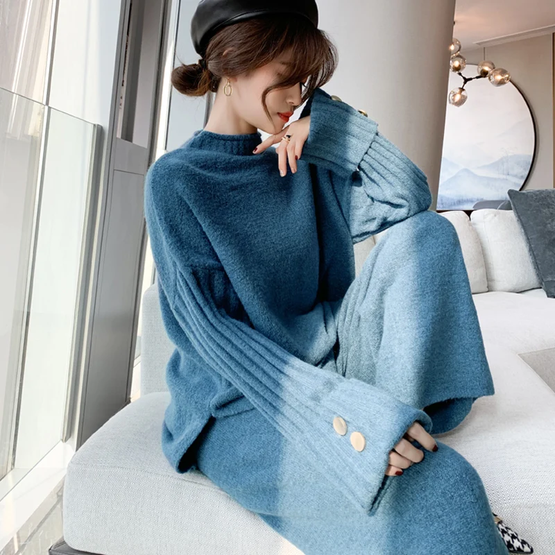 Autumn Winter Women Sweater Set Casual Knitted Sweaters Pants 2PCS Track Suits Trousers+Jumpers Top Knitting Clothing Sets |
