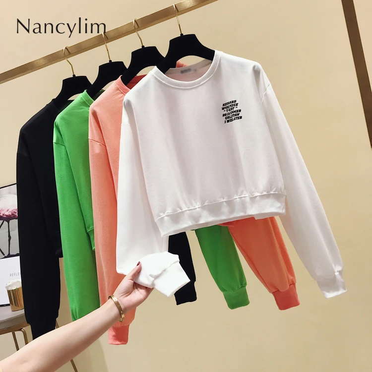 

2019 Spring Autumn New Round-collar Short-style Tshirt Student High-waist Slim Long Sleeve Blusas Ins Sudadera Mujer T-shirts