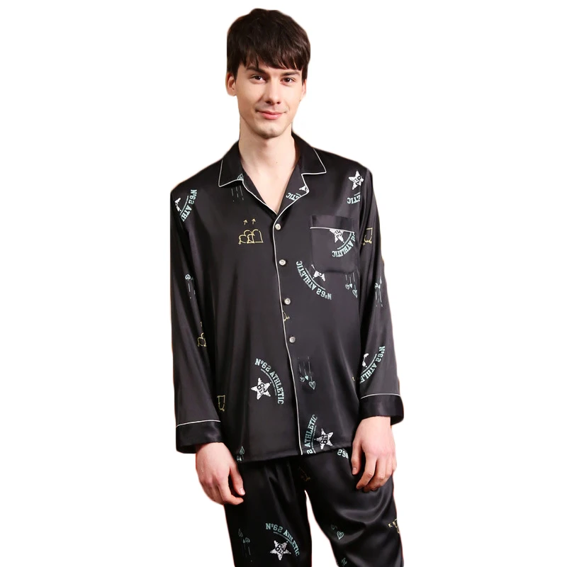 mens silk pajama set Spring Ice Silk Thin Pajama Sets Men Summer Pajama Male Print Sleep Tops+Elastic Waist Trousers Loose Soft Pijama Sleepwear Sets pyjama homme