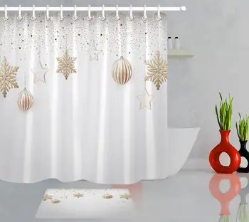 

Winter Snowflake Xmas Ball with Stars Merry Christmas Bathroom Decor Waterproof Fabric Bathtub Shower Curtain 12 Hook & Bath Mat