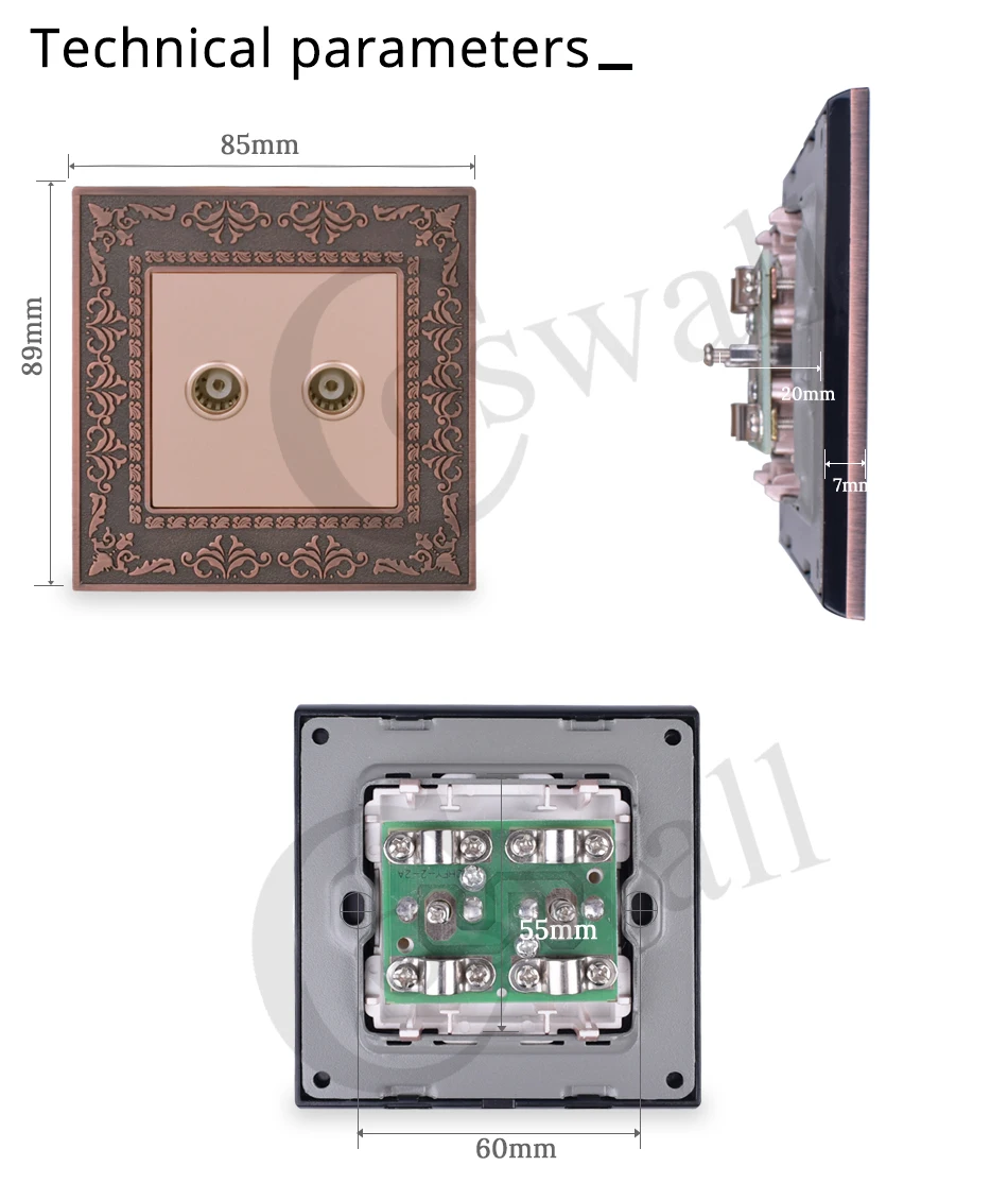 Coswall Embossing Retro Zinc Alloy Panel Wall Socket 2 Gang Female TV Connector AC 110~250V Gold Color
