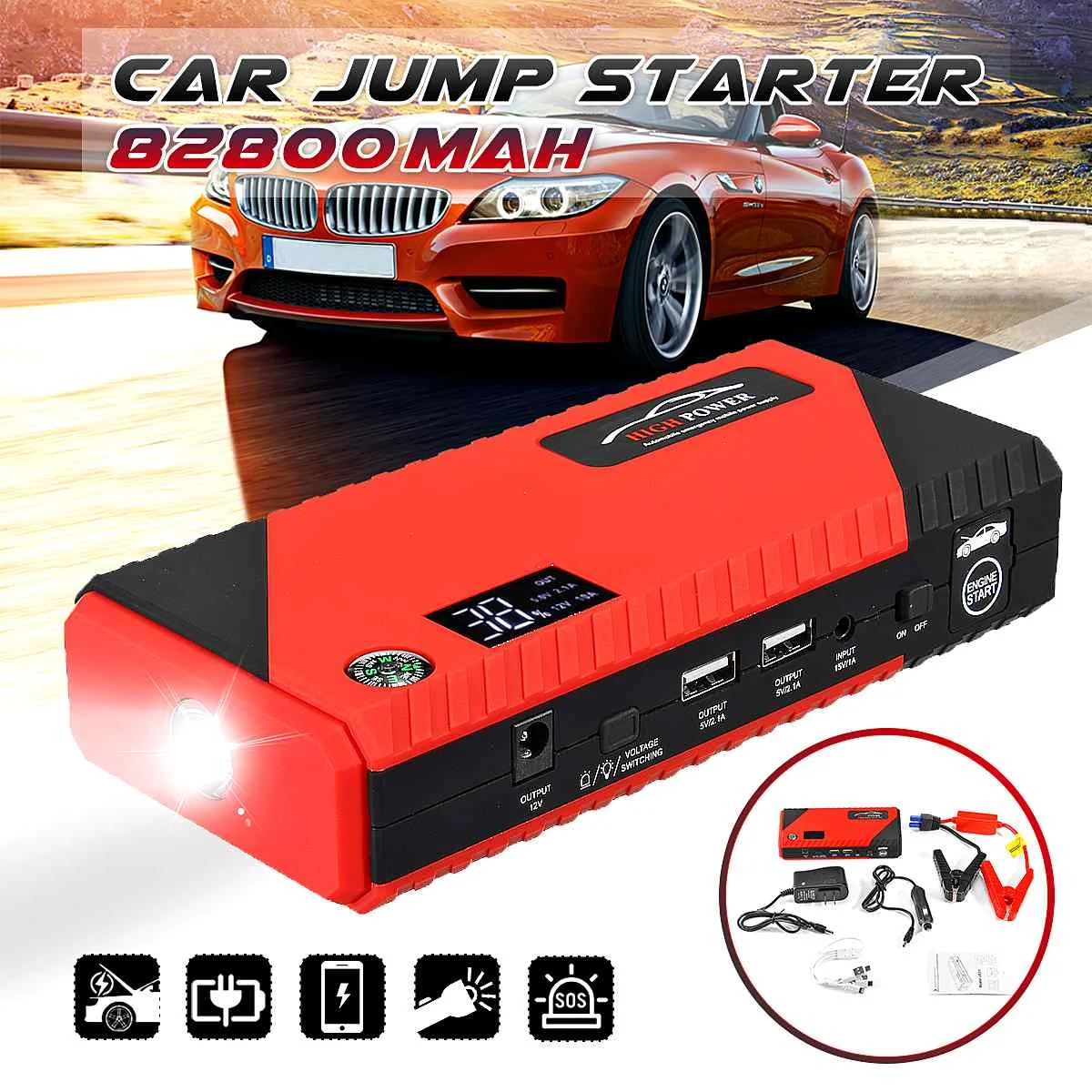 

Car Jump Starter Power Bank Emergency LED Light 12V 600A 4 USB Portable Car Battery Booster Charger Petrol Diesel Car Starter