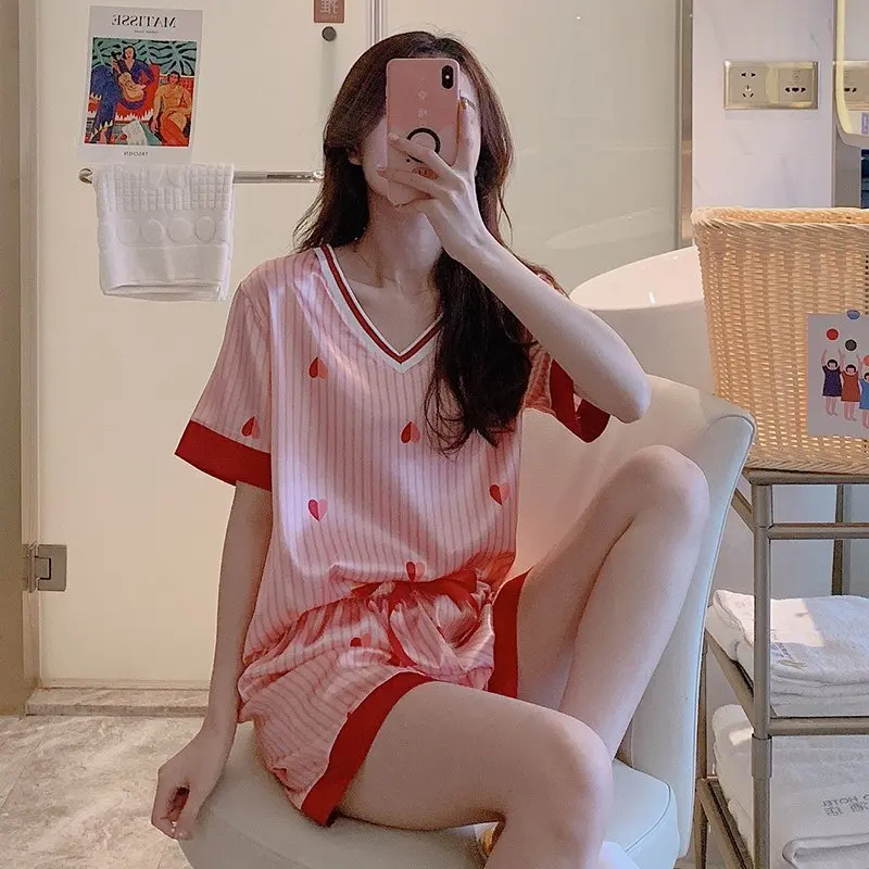 

According to Feminine Summer New Style V-neck Short-sleeve Pajamas Home Pajamas Faux Heart Real Silk Set M -Xxl