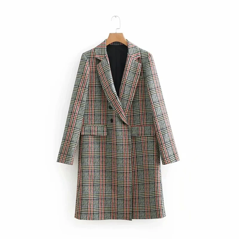 Увядшее зимнее шерстяное пальто для женщин, английский стиль, винтажное клетчатое двубортное Прямое пальто, длинное пальто, женские топы