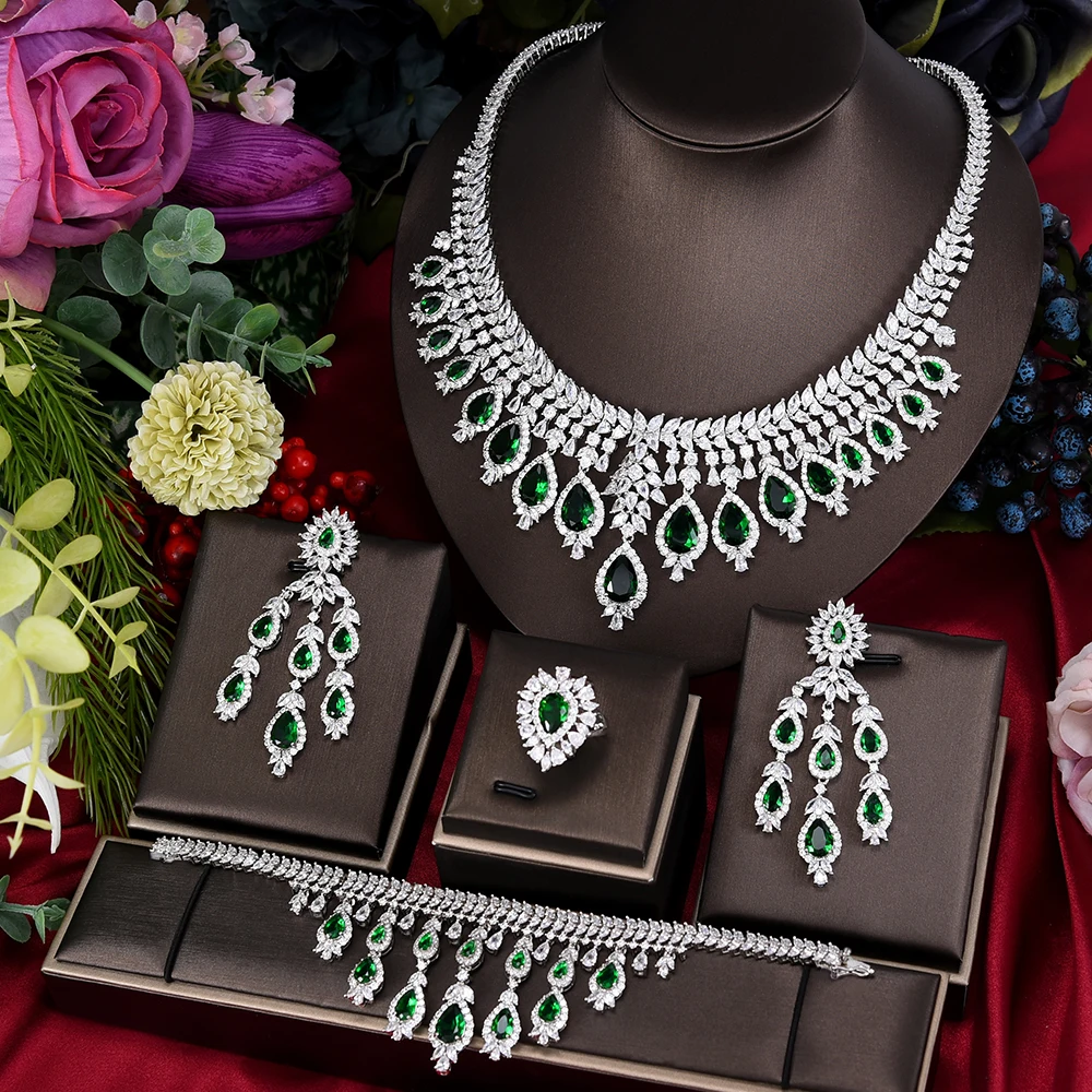 Green Cubic Zircon Necklace and Earrings Gold Bridal Wedding Luxury Jewelry Sets 