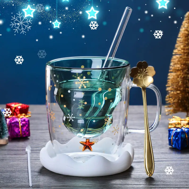 Christmas Tree Glass Mug Creative Xmas Double Wall Anti-scalding Glass Cup  Funny Christmas Coffee Mug Christmas Tree Tea Cup 