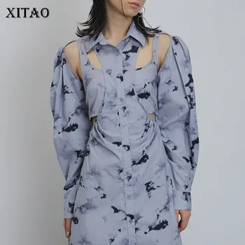 

XITAO False Two Piece Dress Fashion New Women Off Shoulder Hollow Out Print Pattern Small Fresh 2020 Summer Dress ZLL5133