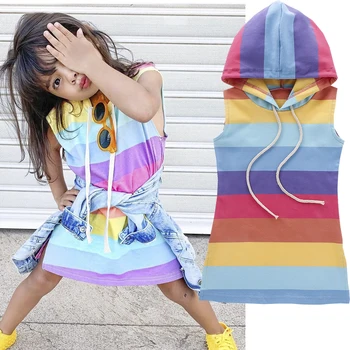 

Kids Baby Girl Summer Sleeveless Rainbow Stripe Dress Hooded Outfit Sunsuit Clothes Girls Casual Dresses