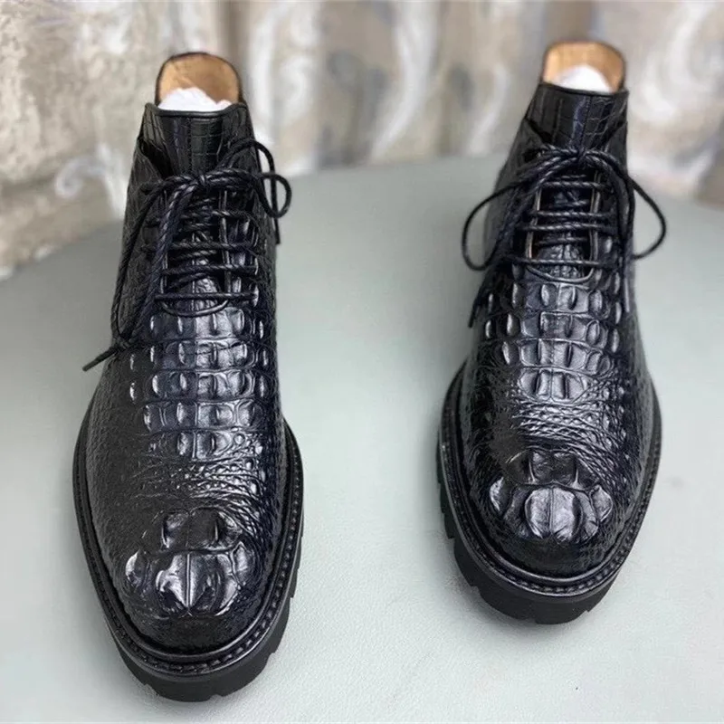 US $395.27 Authentic Crocodile Skin Handmade Mens High Lift Ankle Shoes Solid Outsole Genuine Alligator Leather Male Laceup Winter Boots