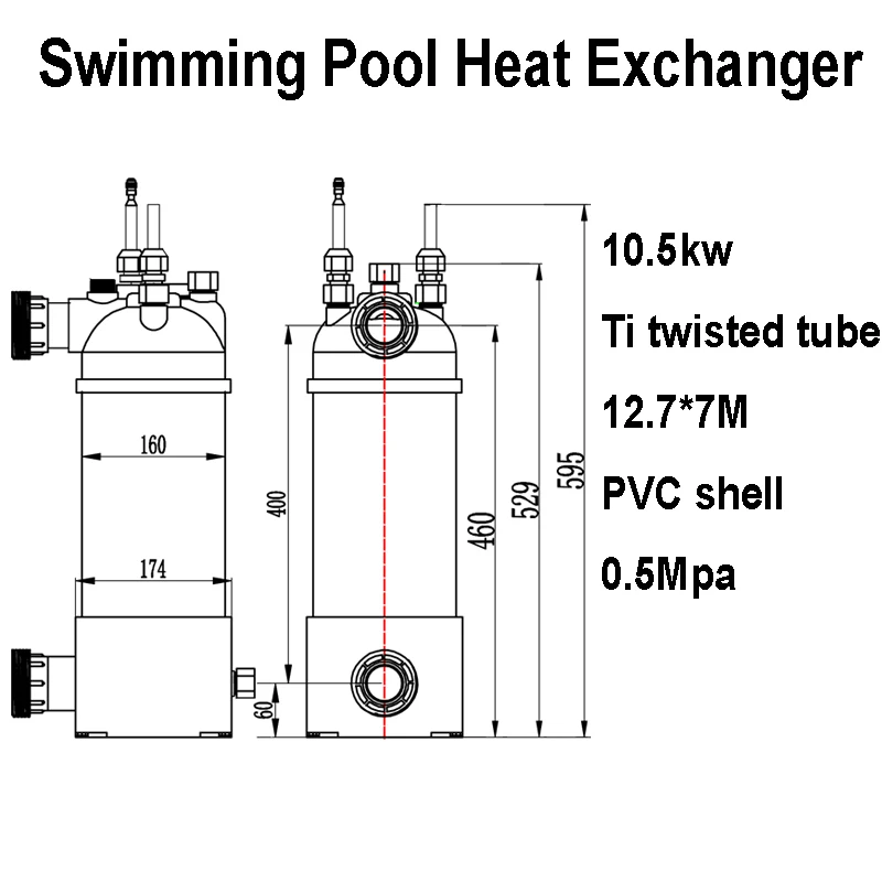 10.5KW Twisted Tube Heat Exchanger, Swimming Pool Titanium Condenser