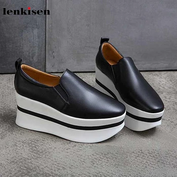 

Lenkisen genuine leather mixed colors white sneaker round toe thick bottom waterproof slip on cozy women vulcanized shoes L18