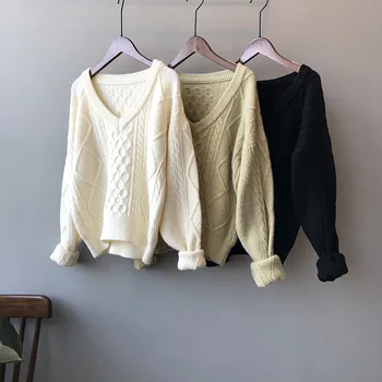 

V-neck Pullover Sweaters Women Winter 2020 Long Sleeves Loose Jumper Autumn Warm Sweater Coat Wool Knitted Tops For Icy Weather