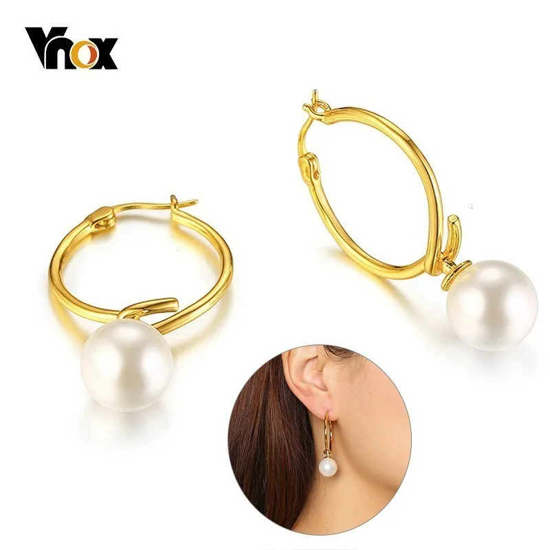 Vnox Elegant Women Hoop Earrings With Round Simulated Pearl Drop Vnox Elegant Women Hoop Earrings With