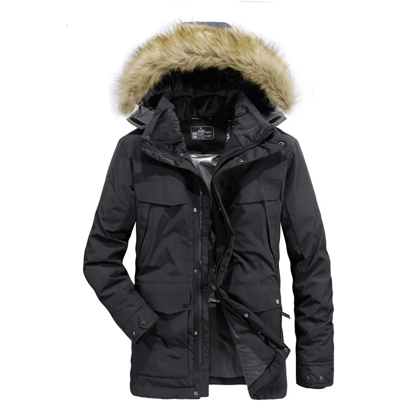 Brand Winter Parkas Men Down Jacket Coat White Duck Down Parkas Thick Warm Fur Hooded Overcoat Men Windbreaker Snow Down Parkas - Color: Black