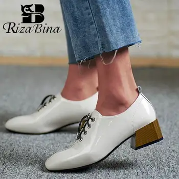 

RIZABINA Women Pumps Real Cow Leather Lace Up Casual Shoes Women Square Toe Fashion Spring Party High Heel Footwear Size 34-42