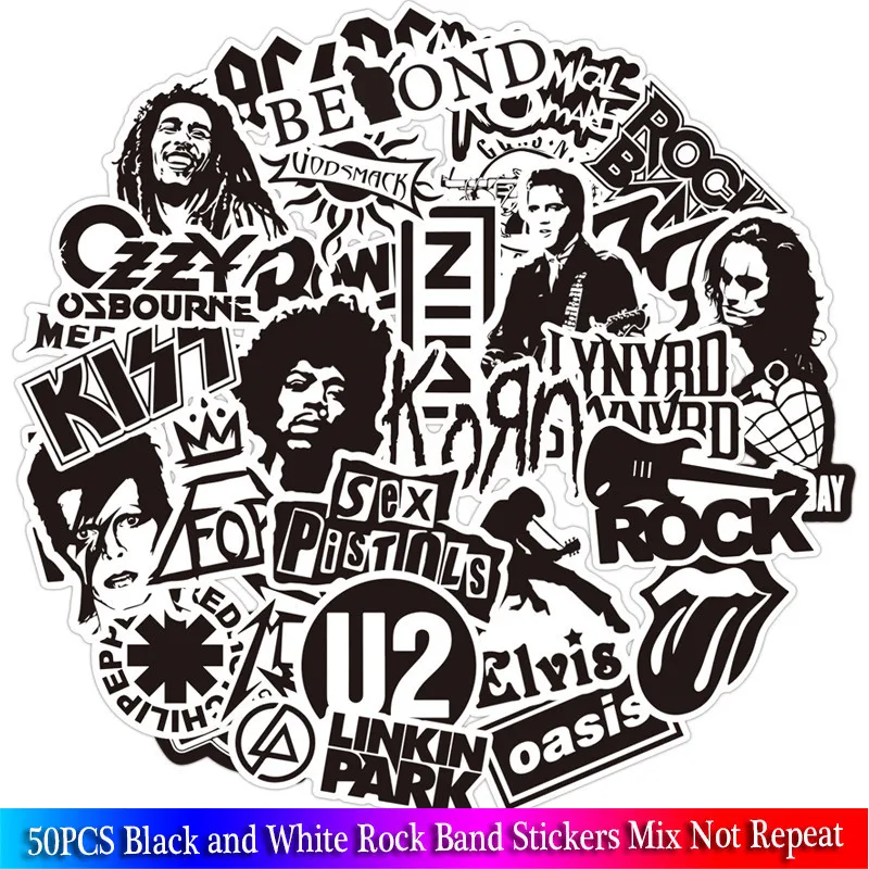 50Pcs/lot Black and White Rock Sticker Music Band Stickers to DIY Guitar Motorcycle Laptop Luggage Skateboard Snowboard