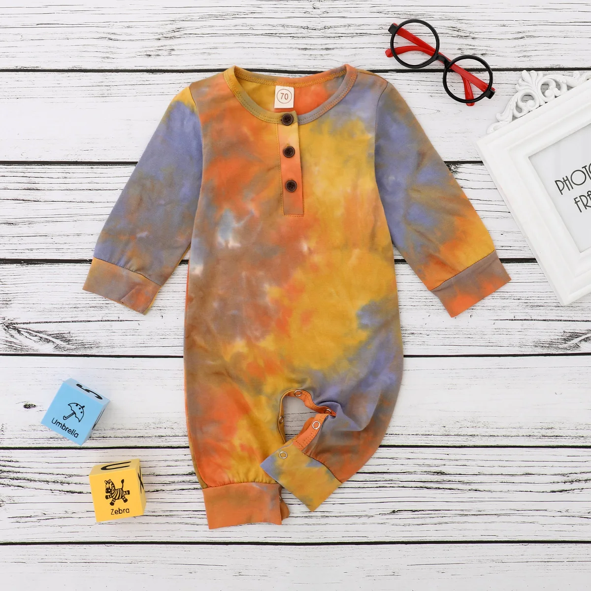 FOCUSNORM Newborn Baby Girls Boys Rompers Tie-Dye Printed Long Sleeve Button Autumn Jumpsuits 4 Colors