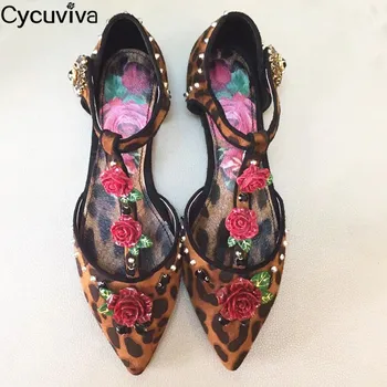 

Rose Flower Low Heel Shoes Women Leopard Print Rivet Mules Pointy Toe T-strap Sandals Spring Runway Spring Summer Shoes Woman