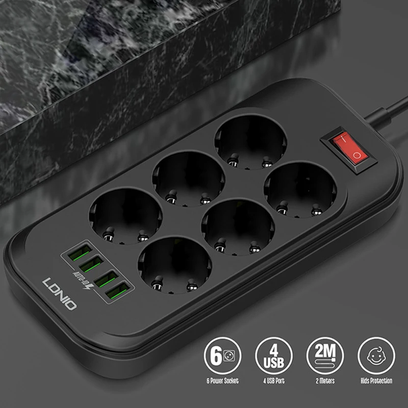 

6 Outlet EU Plug Smart Socket 4 USB Power Strip 250V 2M Extension Cable board Charger Adapter Overload Protection Power panel