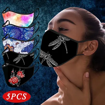 

5PCS Rose Flower Prints Washable Reusable Mask for face Adults Dragonflies Mouth Mask Mascarillas Tie-Dye Face Mask Butterfly