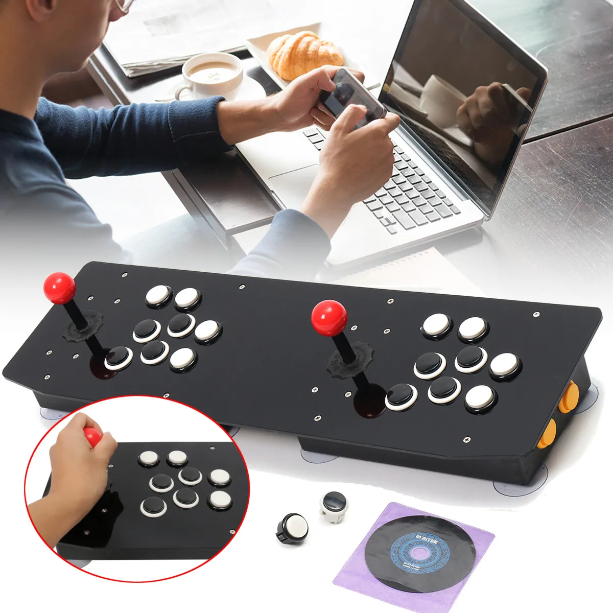 Baratos Palo de Arcade Doble controlador de Joystick de videojuego consola USB 2 JUGADORES DE ORDENADOR máquina de videojuegos accesorios de juego