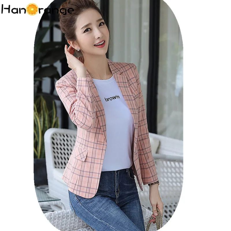 

Small Suit Coat Women 2019 Autumn Fashion Slim Plaid Suit Long Sleeve Casual Blazer Jacket Orange Pink