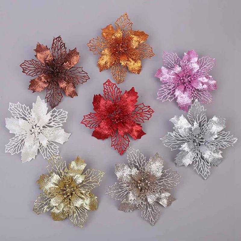 Большие искусственные цветы для рождественского декора блестки Poinsettia поддельные цветы DIY дома Рождество Новогоднее украшение цветок свадьба