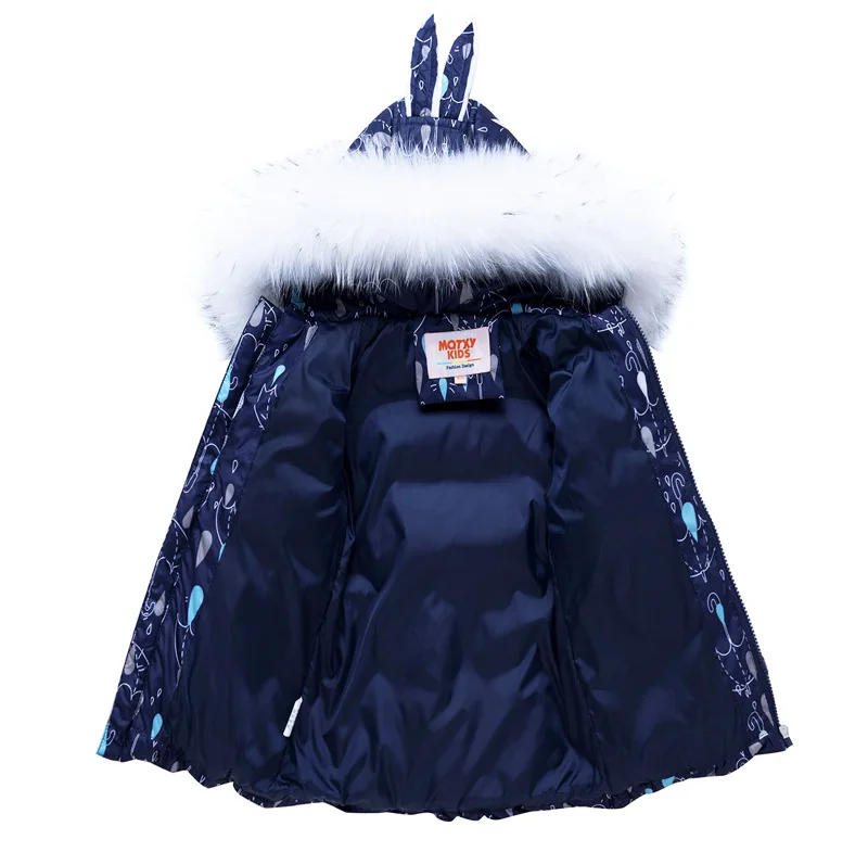 30 сапоги для русской зимы лыжный комплект для девочек теплый комбинезон реальной меховой воротник Зимний комбинезон с капюшоном и кроличьими ушками лыжный костюм Пуховик для малышей+ штаны, 2 предмета