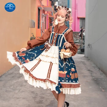 

Japanese Lolita Kawaii Dress Sweet Girl Squirrel Cake JSK Soft Sister Vestido Gothic Blue Brown High Waist Strap Print Falda