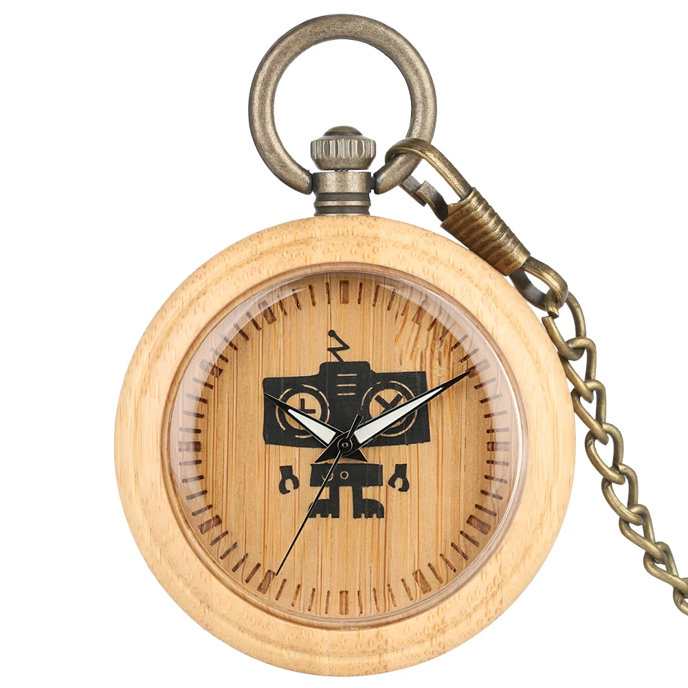 2019 New Wooden Pocket Watches Men Creative Robot Dial Bronze Necklace Chain Women Quartz Pendant Watch 5