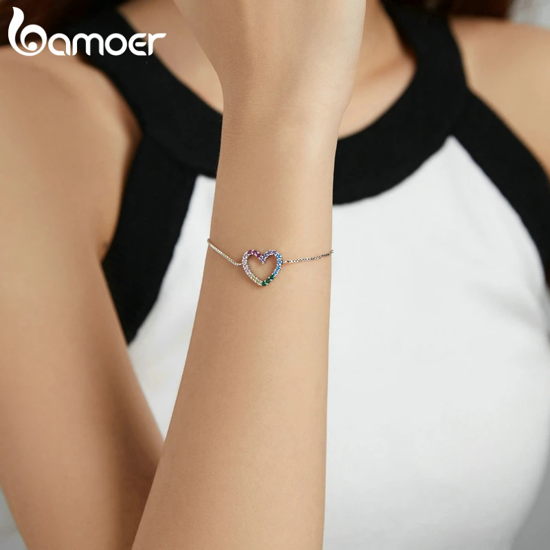 bamoer 925 Sterling Silver Rainbow Colorful Heart Pattern Love Zircon Adjustable Bracelet Chain for Women Fine Jewelry SCB216 - Image 2