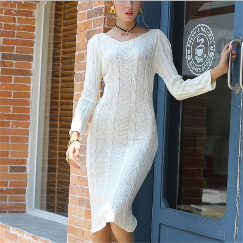 

Autumn Winter Warm Sweater Dress Women Sexy Slim Bodycon Dress Female slash neck Long Sleeve Knitted Dress Vestidos black white