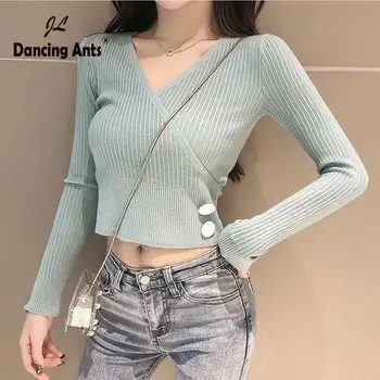 

Woman Sweaters Korean Slim Knitted Long Sleeve Sweet Women Button Pullover V-Neck Jumper Solid Outwear Tops Autumn New