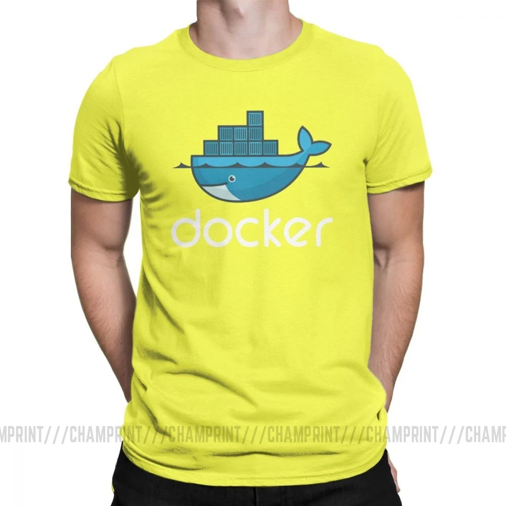 Цвет: желтый Мужская футболка с логотипом Docker, Linux, Javascript, компьютерная хлопковая одежда, Забавные футболки с коротким рукавом и круглым вырезом, графические футболки - Цвет: Цвет: желтый