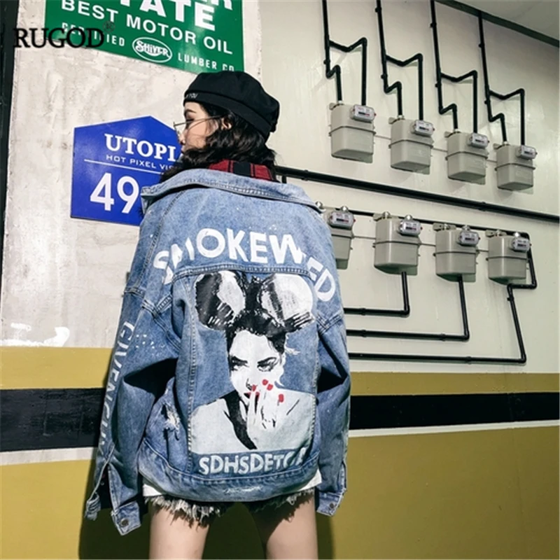 

RUGOD 2019 New Autumn Women Loose Denim Jacket Back Character Letter Print Punk Style Oversize Coat Chic Korean Fashion Jacket