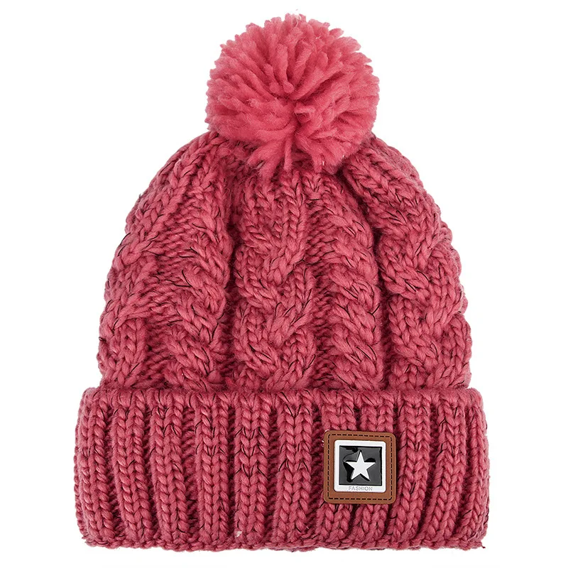 Модная зимняя теплая Женская шапка с помпоном и буквенным принтом, вязаные шапочки, шапки для девочек, плотная шапка Skullies, уличная Лыжная шапка - Цвет: rose red