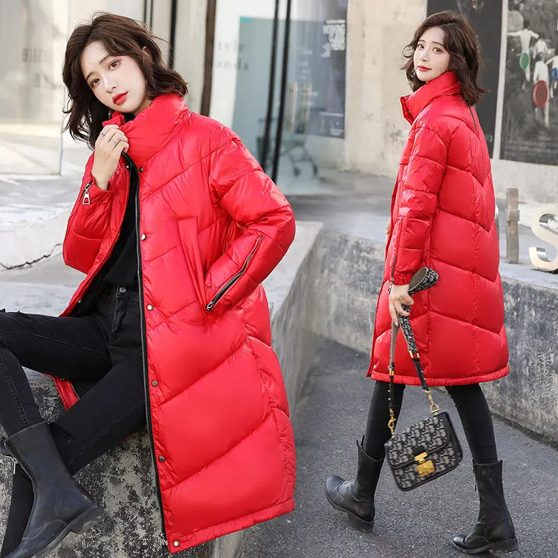 

2019 New Style down Jacket Women's Korean-style Long Fashion Loose INS Cotton Overcoat Bright Skin Matching Color Cotton Coat