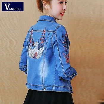 

Vangull Fashion Jean Jacket Women Crane Flower Embroidery Denim Coat 2019 Autumn New Slim Short Single Breasted Denim Outerwear
