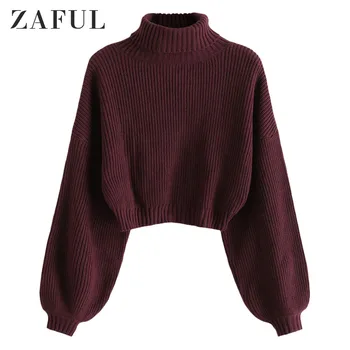 

ZAFUL Turtleneck Long Lantern Sleeve Cropped Sweater Roll Neck Drop Shoulder Solid Jumper Short Elastic Women Pullovers Sweater